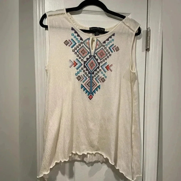 French Laundry Cross Stitch Printed Keyhole Neck Eyelet Boho Tank Top Size L - Picture 4 of 11